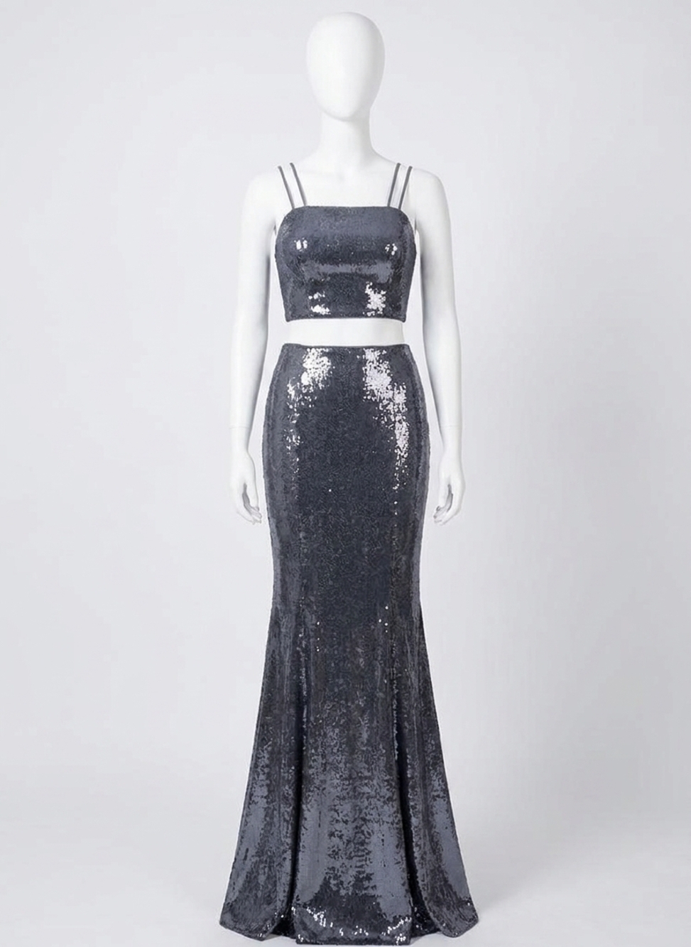 NEW RACHEL ALLAN two-piece sequin strappy evening gown in platinum